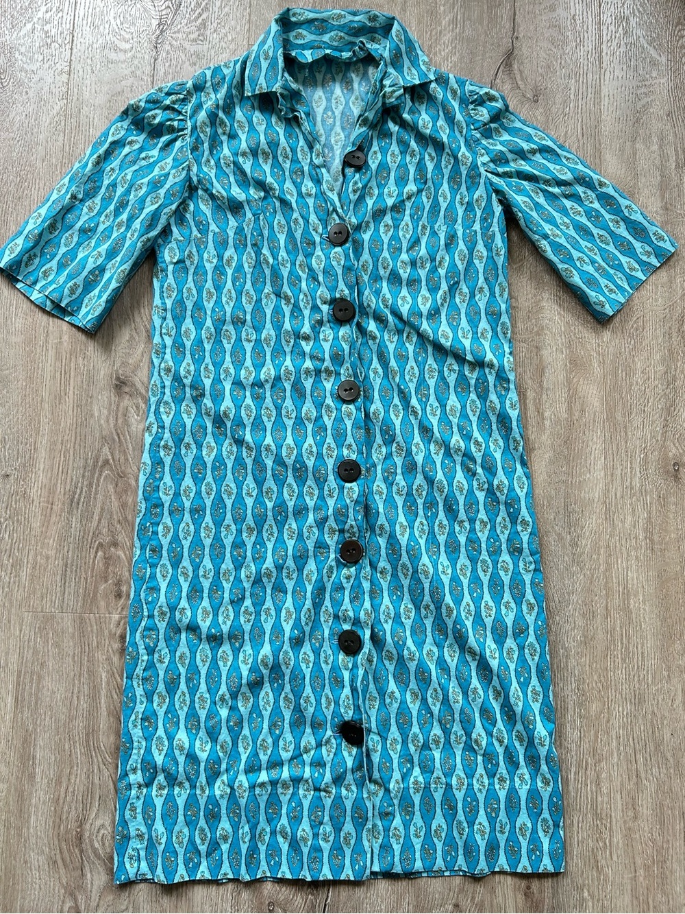 Vtg Handmade Turquoise Floral Patterned Button-Front Women's Dress